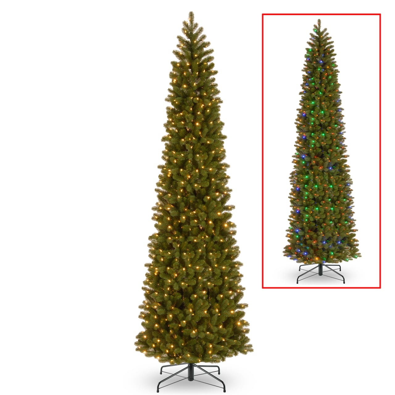 12 ft. Pre-lit Feel Real® Downswept Douglas Fir Pencil Artificial Christmas Tree, Dual Color® LED Lights